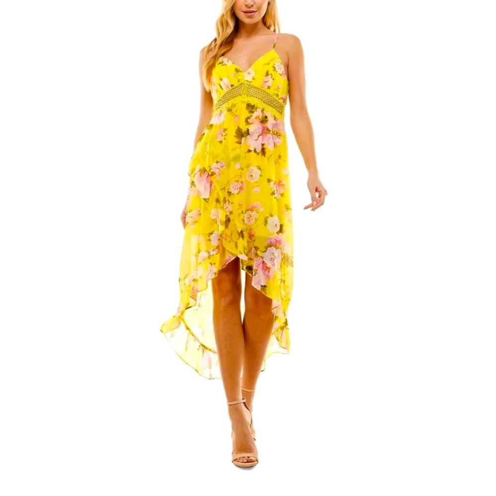City Studios Yellow Floral Print Sleeveless Open Back Midi Dress NWT XL